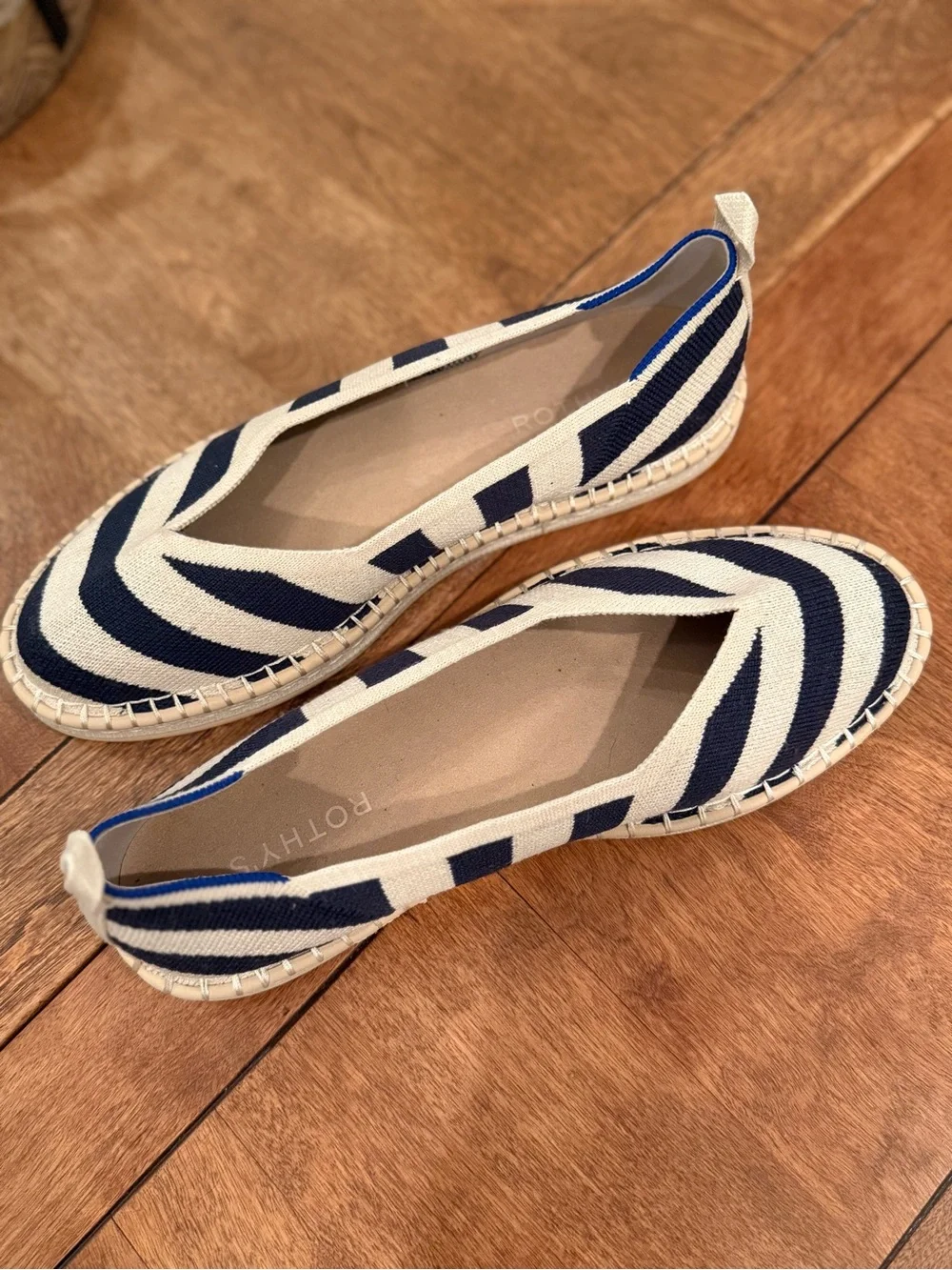 EUC Rothy’s The Espadrille Sailor Stripes | 10 | Removable Ankle Ties | Navy